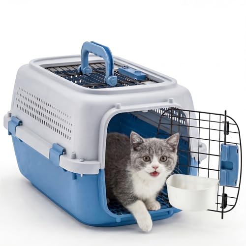 NEWBULIG 23" Hard-Sided Dog Carrier, Plastic Cat & Dog Crate, 4-Sided Ventilation Travel Pet Kennel, Top & Front Door Access, Integrated Food Bowl, for Small Pets up to 22 lbs, Grey & Blue - color: Grey & Blue, size: 22.4"L x 14.6"W x 13.0"H