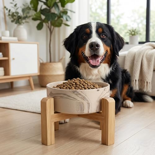 hjn Elevated Ceramic Dog Bowl with Bamboo Stand, Raised Pet Feeding Station for Small Medium Dogs Cats, Modern Design with Anti-Slip Base (Marble Brown, 7.6Cup) - color: Marble Brown, size: 7.6Cup