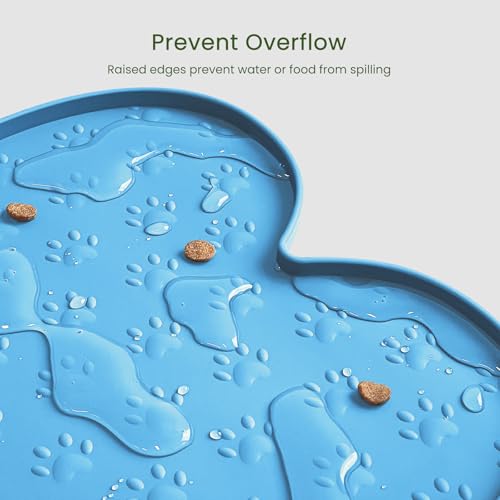 PWTAA Dog Food Mat Anti-Slip Silicone Dog Bowl Mat Thicker Pet Placemat Waterproof Cat Feeder Pad with Raised Edge Puppy Kitten Feeding Mats Suitable Small Medium-Sized Dogs Cats Eating Tray - color: Blue, size: 19.4" x 9.8"