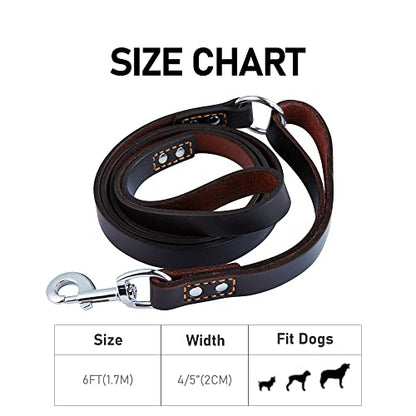 Leather Dog Leash Traffic 6ft Heavy Duty Training for Large Medium Small Breed Dog Brown Double Handle Pet Leashes (6FT * 4/5", Brown) - color: Dark Drown, size: 6FT * 4/5"