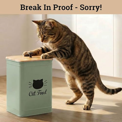 Cat Food Storage Container with Scoop - 5-7lb (25 Cup) Capacity Metal Cat Kibble Canister with Airtight Bamboo Lid and Metal Scoop - Airtight Pet Food Storage Containers 5 lb - 7 lb Kibble Container - color: Sage Green