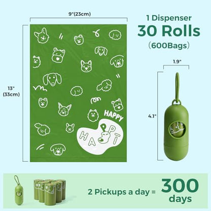 Dyforce Dog Poop Bags Rolls with Dispenser, 600 Count Value Pack Extra Thick Strong Leak Proof Poop Bags for Dogs Doggy with Holder, Scented Pet Waste Cat Litter Bags 9x13" Bulk, Green - color: Green