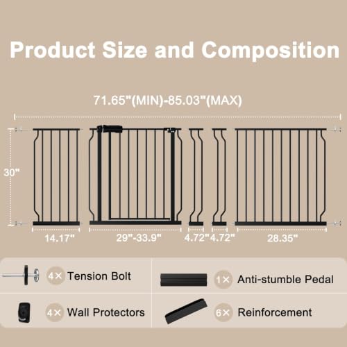 WAOWAO Baby Gate 182-216cm(72-86인치) 엑스트라 와이드 압력 장착 워크 스루 스윙 자동 닫힘 안전 금속 블랙 유아 어린이 개 애완동물 강아지 계단, 출입구, 주방용 - color: 블랙., size: 71.65-85.03"/182-218cm