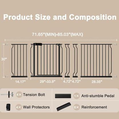 WAOWAO Baby Gate 182-216cm(72-86인치) 엑스트라 와이드 압력 장착 워크 스루 스윙 자동 닫힘 안전 금속 블랙 유아 어린이 개 애완동물 강아지 계단, 출입구, 주방용 - color: 블랙., size: 71.65-85.03"/182-218cm