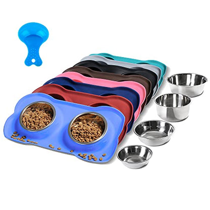 Hubulk Pet Dog Bowls 2 Stainless Steel Dog Bowl with No Spill Non-Skid Silicone Mat + Pet Food Scoop Water and Food Feeder Bowls for Feeding Small Medium Large Dogs Cats Puppies (Medium, Blue) - color: Blue, size: Medium