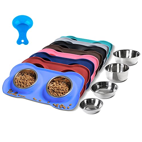 Hubulk Pet Dog Bowls 2 Stainless Steel Dog Bowl with No Spill Non-Skid Silicone Mat + Pet Food Scoop Water and Food Feeder Bowls for Feeding Small Medium Large Dogs Cats Puppies (Medium, Blue) - color: Blue, size: Medium