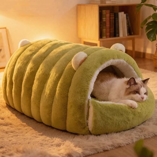 Cat Cave Bed for Indoor Cats, Cute Cat Beds with Removable Cushion, Kawaii Pet Ear-Shaped Cats Tent Beds for Kitten Puppy (Green, L - 23.6" x17.7") - color: B-Green, size: L - 23.6" x17.7"