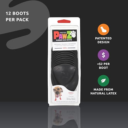 PawZ Rubber Dog Boots for Small Paws - All-Weather Waterproof Dog Shoes, Anti-Slip Traction for Rain, Snow, Mud & Hot Pavement - Pull-On Dog Booties, Black - Small (2"-2.5") - Pack of 24 - size: S