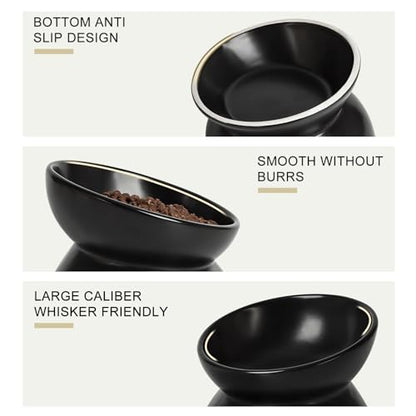 YauYik Ceramic Raised Cat Bowl - Cat Food Bowl Elevated Tilted for Short Leg Cats and Small Dogs - 6 Inches Whisker Friendly Pet Bowl Dish, Reduce Neck Burden Feeding Bowl, Black, 10 Oz