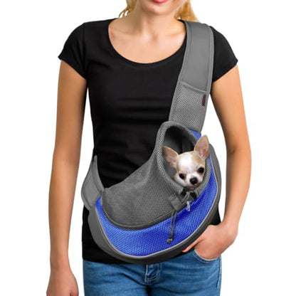 YUDODO Pet Sling Carrier for 2-5 lbs Small Dogs & Cats – Hands-Free Puppy Carrier with Safety Hook, Large Zipper Pocket, Soft Breathable Mesh, Adjustable Strap & Reflective Strip (Blue 1.0 S) - color: Blue 1.0 Basic (Zipper Pocket), size: Small (2-4.5lbs)