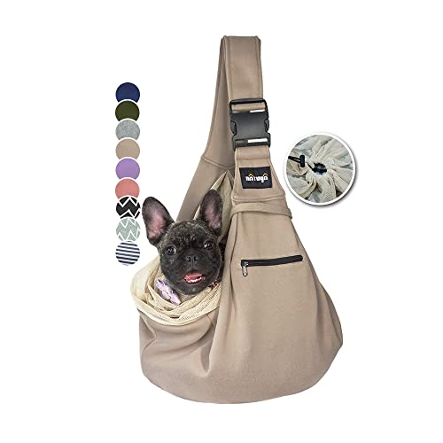NATUYA Dog Sling Puppy Carrier for Small Dogs Hand Free Doggie Walking Bag Adjustable Shoulder Strap Zip Pocket Safety Belt Protective Mesh Pet Carrier for Travel Outdoor Subway, Khaki - color: Khaki