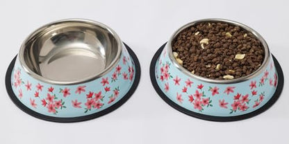 Stainless Steel Dog Bowls, Food and Water Non Slip Anti Skid Stackable Pet Puppy Dishes for Small, Medium and Large Dogs (2 Pack) - color: Sakura, size: 1.5 Cup/12 oz