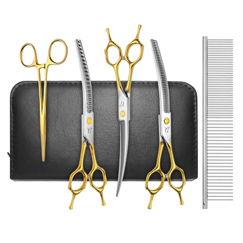 Dog Grooming Scissors,Curved Thinning Shears Curved Chunkers Shears with Safety Round Tips, Sharp and Comfortable 4 in 1 Dog Scissors for Grooming