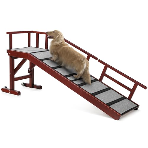 Dog Ramp for Bed or Couch, Wooden Pet Ramp with 20° Gentle Slope, Removable Side Rails, Non-Slip Surface, Top Platform & Wheels, Safe Bed Ramp for Small, Large & Senior Dogs, 60" Long, Mahogany - color: Mahogany, size: M-60"L x 16"W x 20"H