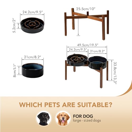 Havniva 3.2 Cup Elevated Slow Feeder Dog Bowls, 9.5” Dog Slow Feeding Bowls + 8.2” Ceramic Dog Water Bowls Set with Acacia Wood Stand, Dog Food Bowls Puzzle Feeder for Large Dogs Non-Slip Anti-choking - color: 2 x Starry Sky + Stand - A, size: XL- 9.5inch