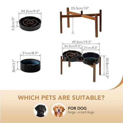 Havniva 3.2 Cup Elevated Slow Feeder Dog Bowls, 9.5” Dog Slow Feeding Bowls + 8.2” Ceramic Dog Water Bowls Set with Acacia Wood Stand, Dog Food Bowls Puzzle Feeder for Large Dogs Non-Slip Anti-choking - color: 2 x Starry Sky + Stand - A, size: XL- 9.5inch
