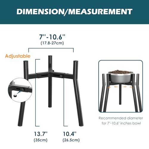 SHAINFUN Adjustable Metal Raised Stand for Large & XL Breeds, Compatible with 7 to 10.6" Wide Bowls, Single Tall Elevated Feeder (Bowl Not Included) - color: Black-Round, size: Height: 13.7", Width: 7-10.6"