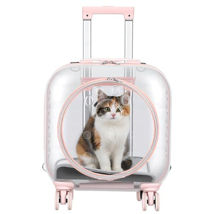 Cat Carrier with Wheels & Detachable Strap – Rolling Pet Trolley with Telescopic Handle, Transparent Hard Shell, Silent Wheels, Ventilated Design for Travel, Walking, Vet Visits for Small - color: Pink