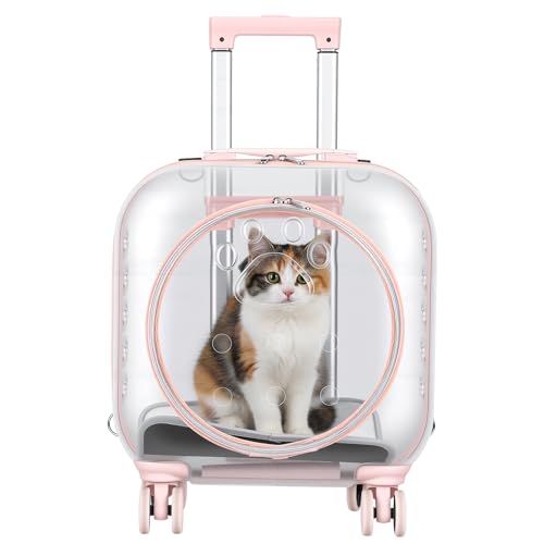 Cat Carrier with Wheels & Detachable Strap – Rolling Pet Trolley with Telescopic Handle, Transparent Hard Shell, Silent Wheels, Ventilated Design for Travel, Walking, Vet Visits for Small - color: Pink