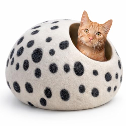 Luxurious Merino Wool Cat Cave - Cats Curl Into Instantly - Foldable Hideaway Pod for Indoor Cats - Felt Kitten Pet Enclosure - Covered Cat House by Woolygon - color: White Polka