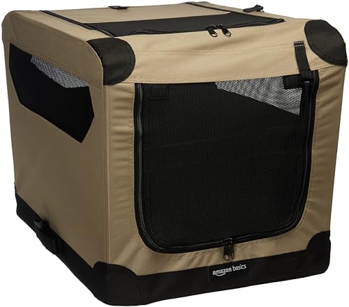 Amazon Basics Portable Folding Soft Dog Crate, 2-Door, Collapsible Travel Kennel, Top & Front Loading, Small 26" x 18" x 18", Tan - color: Tan, size: S 26" x 18" x 18"