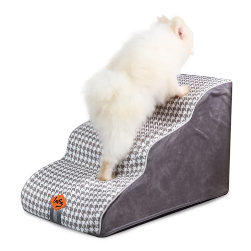 Laifug Curved Dog Stairs for Small Dogs, 3-Step Pet Stairs for High Beds and Couch, Non-Slip Balanced Dog Indoor Step with High Density Foam, Houndstooth Double Layer Dog Staircase