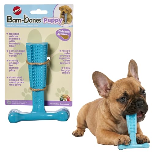 SPOT Bam-Bones Puppy T-Bone Dog Chew Toy, Chicken Flavor, 6 Inch, Bamboo Fiber & Flexible Rubber, Easy Grip Design for Gentle Chewers, Small Dogs & Puppies