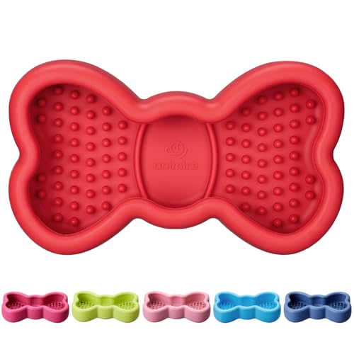 Lick Mat for Dogs, Animire Anti-Spilled Bow Tie Lick Bowls for Anxiety Relief, Silicone Slow Feeder Licking Pad with Suction Cups, Freezeable Dog Enrichment Toy for Boredom and Distraction(Red,S) - color: A-Red, size: S
