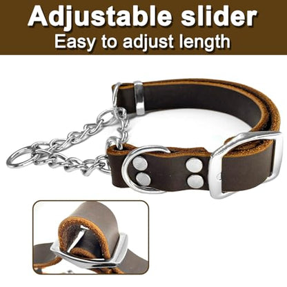 Leather Martingale Dog Collar, Soft Genuine Cowhide Handmade Assembled Stainless Steel Chain Martingale Collar Adjustable for Medium Large Dogs Pets. (L, Neck 20-25"(Martingale)) - size: L, Neck 20-25"(Martingale)