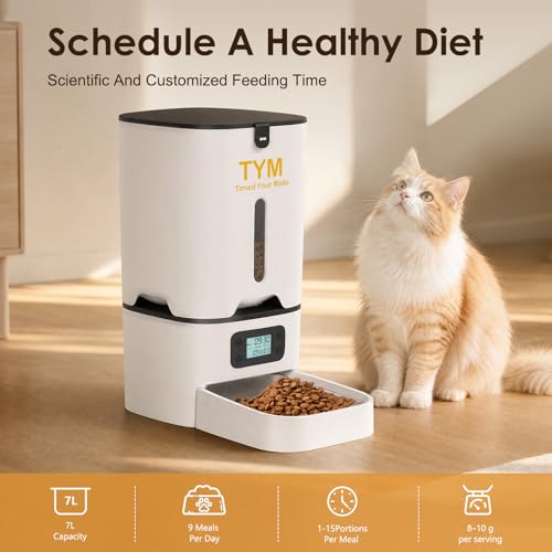 TYM Automatic Cat Feeder, 7L Large Capacity Cat Food Dispenser with Programmable Timer, Portion Control up to 9 Meals/Day, Dual Power Supply, Fresh Food, Easy to Clean for Cats and Small Dogs - color: White-1a