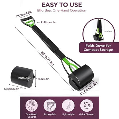 Dog Pooper Scooper for Yard – 32" Long Handle No-Bend Poop Picker with Waste Bags – Heavy Duty Foldable Scooper for Grass & Gravel | Keep Your Backyard Clean | Furfusion