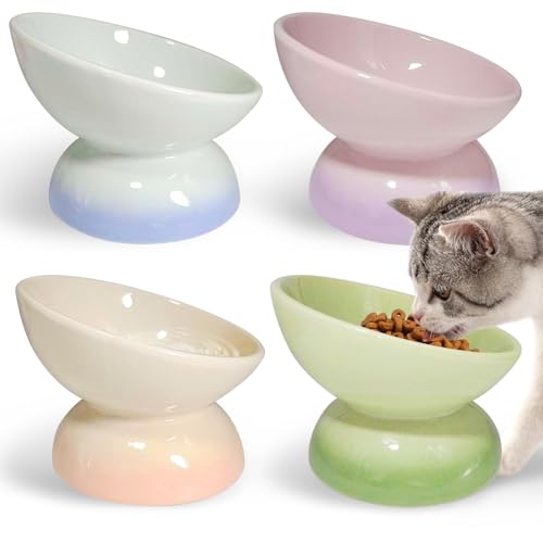 kathson 4 Pcs Ceramic Raised Cat Bowls, Elevated Tilted Cat Food Bowl, Anti Vomiting Pet Food Bowl, Colorful Porcelain Pet Feeder Dish for Cats and Small Dogs, Stress Free(Blue,Green,Purple,Pink) - size: Blue,Green,Purple,Pink