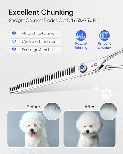 ULG Curved Dog Shears for Grooming, 7 Inch Professional Straight Chunker Dog Grooming Scissors for Trimming and Cutting, Japanese Stainless Steel Pet Hair Scissors, 65%-75% Thinning Rate - size: 7.0 Inch (Chunker)