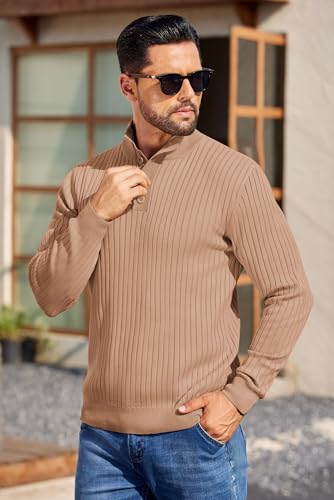 COOFANDY Mens Quarter Button Sweater Long Sleeve Stand Collar Sweaters Casual Knitted Ribbed Dress Pullover - color: Apricot, size: X-Large