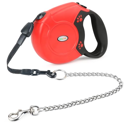 Idepet Heavy Duty Retractable Dog Leash for Small and Medium Dogs, Anti-Chewing Steel Chain Design,360 DegreeTangle-Free,Break and Lock System,26ft Leash Dog Walking (Red, Round Rope) - color: Red