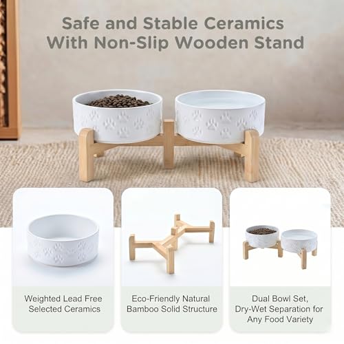 SPUNKYJUNKY Elevated Dog Bowls Ceramic, 5.1'' Dogs and Cat Food Water Bowls Raised with Non-Slip Bamboo Stand for Puppy Small Sized Breed Microwave Dishwasher Safe - 13.5 OZ,Paw White - color: Paw White, size: 5.1 in - 1.7 cups
