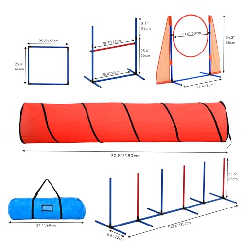 DWVO Dog Agility Accessories Kit: Comprises of a Teaser Pole, 2 Hurdles, 6 Weaving Poles, Agility Tunnel, Pause Box, Full Set of Agility Equipment for Backyard Indoors Outdoors
