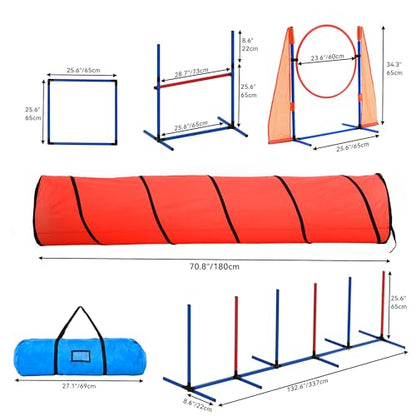 DWVO Dog Agility Accessories Kit: Comprises of a Teaser Pole, 2 Hurdles, 6 Weaving Poles, Agility Tunnel, Pause Box, Full Set of Agility Equipment for Backyard Indoors Outdoors