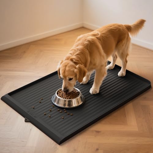 Dog Food Mat 36"x24", Waterproof Pet Feeding Mat with Diversion Grooves and Raised Edges, Large Non-Slip Dog Bowl Mat for Food and Water, Cat Food Mat for Floors, Easy to Clean, Black - color: Black