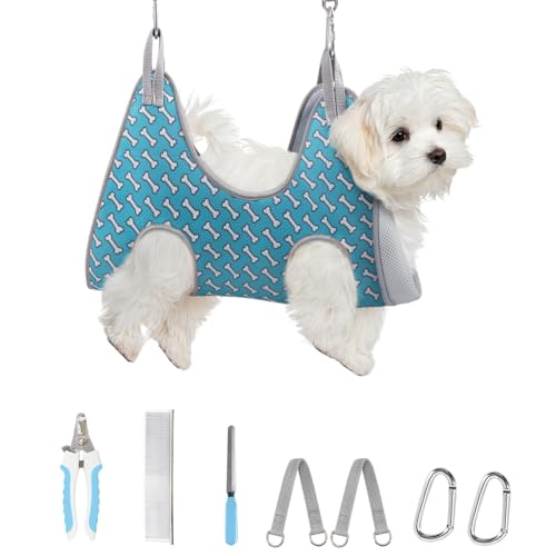 Supet Dog Grooming Hammock Harness for Dogs Cats, Relaxation Pet Nail Clipper Hammock, Restraint Dog & Small Animal Leashes Sling for Groomingk for Nail Trimming (Coral Blue, XS) - color: Coral Blue, size: XS（ Max 16 Lb：Leg space: 4.9"-10.5"）