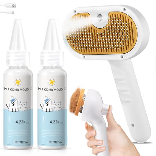 Pet Steam Brush for Dog & Cat – 3-in-1 Spray Hair Removal Comb for Shedding & Grooming, Softens Fur & Reduces Static – Water Brush for Long & Short Coats, Bath-Hating Pets, Includes Waterless Shampoo - size: 7.8"-240ML