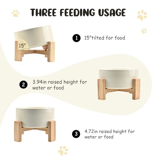 SPUNKYJUNKY 15° Slanted Ceramic Dog and Cat Bowl with Wooden Stand, Tilted Bulldog Food and Water Bowl No Slip Non-Spill for Cats Medium Dogs Big Face Pets 28.7 OZ (3.6 Cups, Beige) - color: Beige, size: 3.6 CUPS × 1