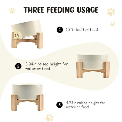 SPUNKYJUNKY 15° Slanted Ceramic Dog and Cat Bowl with Wooden Stand, Tilted Bulldog Food and Water Bowl No Slip Non-Spill for Cats Medium Dogs Big Face Pets 28.7 OZ (3.6 Cups, Beige) - color: Beige, size: 3.6 CUPS × 1