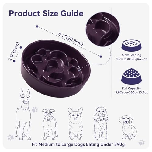 Ceramic Slow Feeder Dog Bowl, 1.8 Cups Anti -Slip Slow Feeding Bowl to Slow Down Eating, 8.2 Inch Dog Food Dish for Medium to Large Breeds, Purple - color: Purple, size: Medium