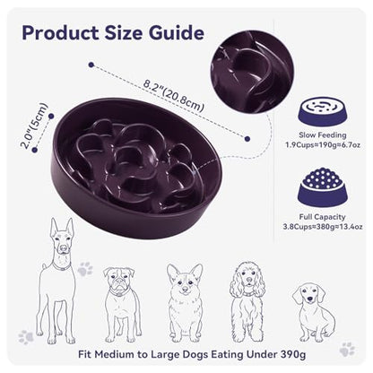 Ceramic Slow Feeder Dog Bowl, 1.8 Cups Anti -Slip Slow Feeding Bowl to Slow Down Eating, 8.2 Inch Dog Food Dish for Medium to Large Breeds, Purple - color: Purple, size: Medium