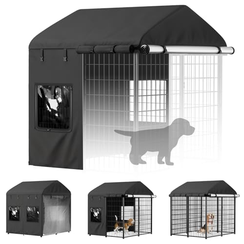 Dog Kennel Cover Replacement, Full Coverage Waterproof Tarp for 4x4x4.5ft Dog Crate with 600D Oxford Fabric, 4 Transparent Window & Door Curtains for Enclosure Outside, Small - size: Small