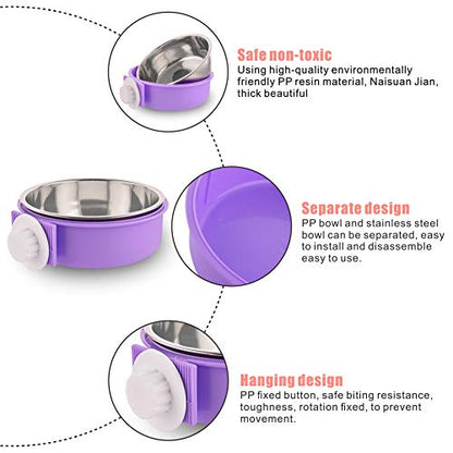 Crate Dog Bowl Removable Stainless Steel Water Food Feeder Bowls Cage Coop Cup for Cat Puppy Bird Pets (Large, Purple) - color: Purple, size: Large