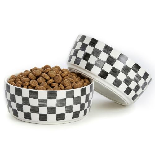 6.4 inch Ceramic Hand Painted Basic Dog Bowl Set of 2 with Anti-Skid Rubber Base, Food and Water Bowls for Small Pets,Black - color: Black