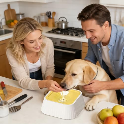 Spill Proof Dog Water Bowl 37oz, Large Capacity No Drip Pet Dispenser with Non-Slip Base, Slow Water Bowl for Dogs Puppies Indoor Outdoor Use, 22x22x8cm - color: Yellow