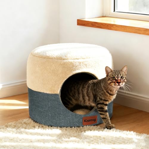 2-in-1 Foldable Cat Bed for Indoor Cats, Cat Cave & Sofa Bed | 15.7"D x 13"H, Reversible Plush & Linen Cushion,Enclosed Cat Bed, Hanging Cat Toys, Non-Slip, Small Cat House, Grey - color: Grey, size: S-1Pack:15.7"Lx15.7"Wx12.9"H